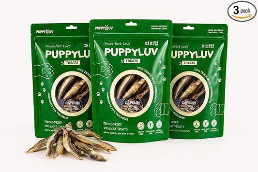 Puppyluv Capelin Treats for Dogs & Cats – Freeze-Dried Whole Fish, High Protein, Omega 3/6/9, Healthy Skin & Coat, Grain-Free, Natural Training Treats, 2.6oz x 3p