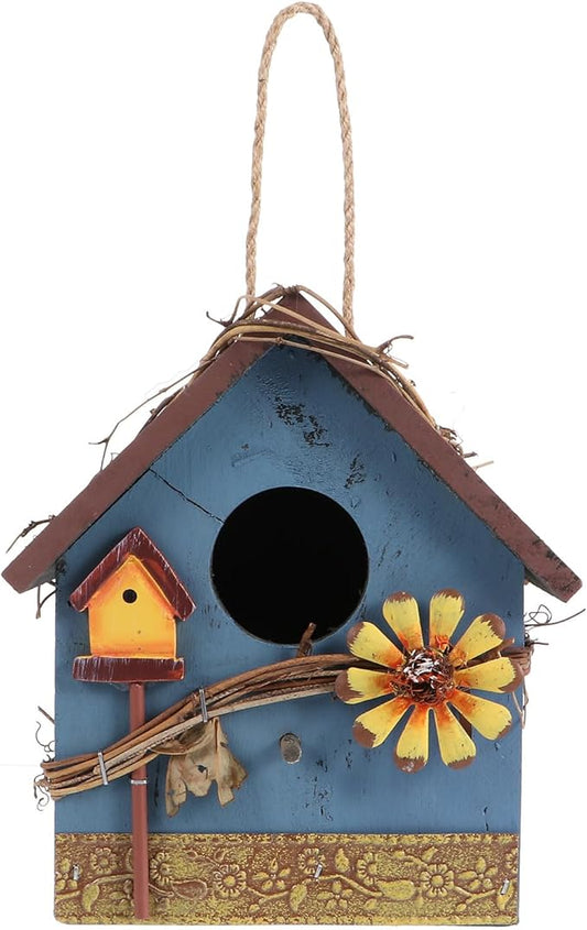 Kisangel Wooden Bird Parrot House Feeder Hanging Wild Bird House Outdoor Garden Blue Metal Edge Birdhouse for Backyard Birding and Wildlife Feeding