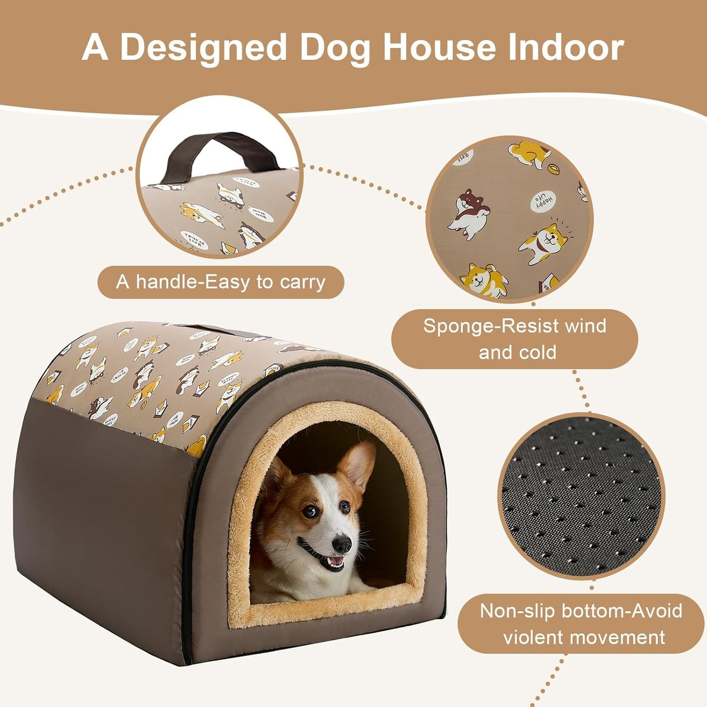 Jiupety 2 in 1 Dog House Indoor, Comfy Cave Bed Covered Dog Bed, Portable House for Large Dogs, 3XL(39"×32"×28"), Up to 90 Lb, Brown