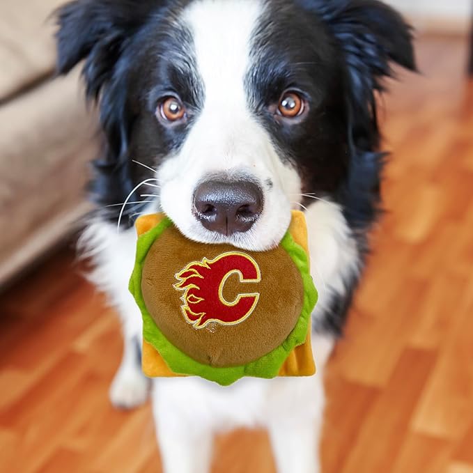 Pets First NHL Calgary Flames Crinkle Fine Plush Dog & Cat Squeak Toy - Cutest STADIUM HAMBURGER Plush Toy for Dogs & Cats with INNER SQUEAKER & Beautiful Hockey Team Name/Logo
