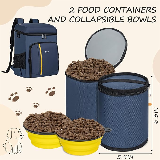 ANILD Dog Travel Bag Backpack, Flight-Ready TSA-Approved Dog Travel Bag with 2 Leak-Proof Food Canisters, 6 Foldable Silicone Bowls, Multi-Compartment Organizer for Hiking, Camping, Dog Mom Essentials