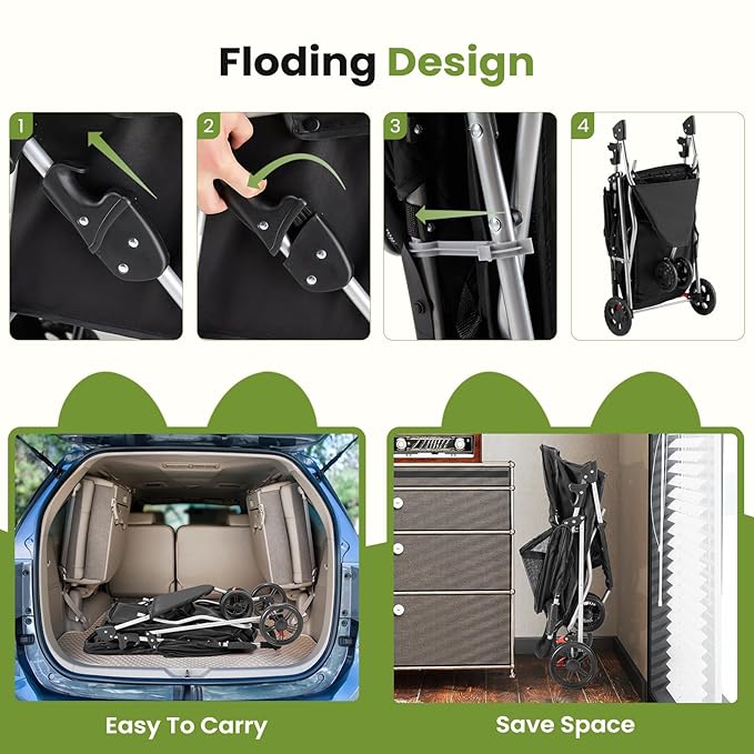Smug 3 Wheels Pet Stroller, Dog and Cat Strollers, Storage Basket and Cup Holder, Breathable Mesh, Lightweight Travel Carrier, Waterproof and Foldable for Small Pets Outdoor Walk, Black