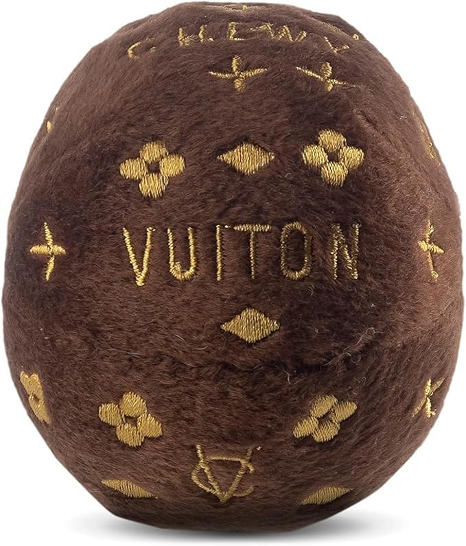 Dog Diggin Designs Chewy Vuiton Plush Squeaky Dog Toy Ball | Luxury-Inspired Parody Designer Ball with Squeaker, Soft Plush Fetch Dog Toy – Prêt-à-Porter Play!