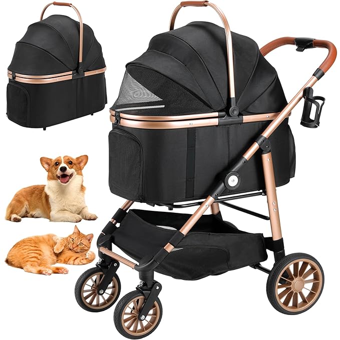 MAMIZO Pet Stroller for Medium Dogs Cats Up to 55 lbs, All-Terrain 3-in-1 Dog Stroller with Detachable Carrier, Rubber Wheels, One-Click Folding, Storage Basket & Cup Holder, for Senior Dogs & Cats