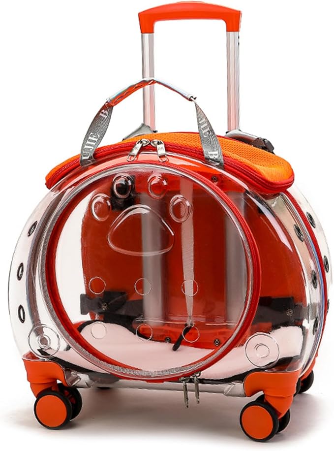 Rolling Cat Carrier,Clear Cat Carrier with Wheels,Pet Trolley Case Pet Backpack for Kitty Small Dog Sturdy and Breathable Design Portable Cats Dogs Backpack for Travel/Taking a Walk Orange