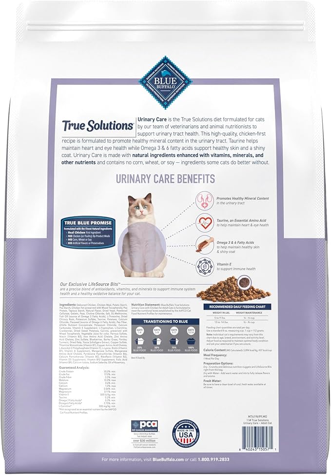 Blue Buffalo True Solutions Urinary Care Natural Nutrition with Clinically Proven Ingredients, Adult Cat Dry Food, with Chicken, 11 lb. Bag