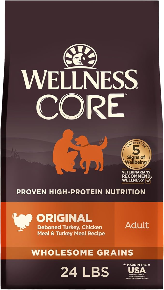 Wellness CORE Adult Dry Dog Food, Wholesome Grain Kibble, Natural, High Protein, Turkey and Chicken Recipe, 24 lb Bag