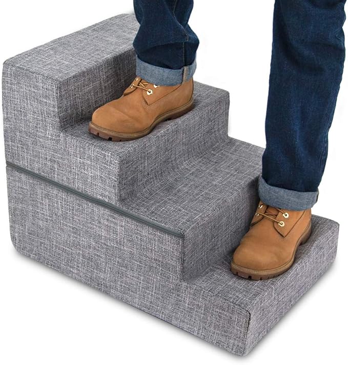 Best Pet Supplies Round Bed for Pet, 4-Step Pet Stair, Grey Linen (Foldable)