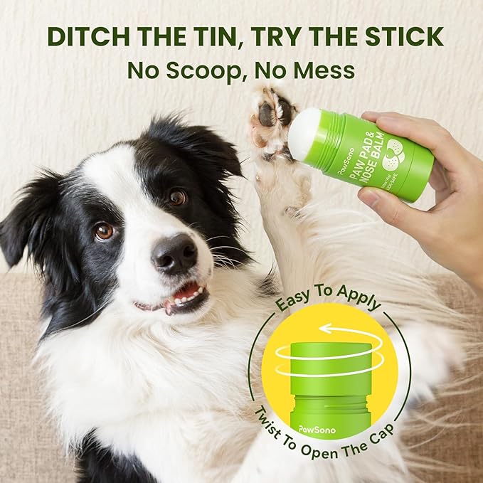 PawSono Lick-Safe Dog Paw & Nose Balm with Coconut Oil | All-Natural Moisturizer & Soother for Dry, Cracked Pads & Snout | Heat & Cold Pavement Protection Wax | Horse Hoof, Joint Care (2.6 oz)