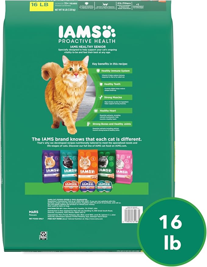 IAMS Proactive Health Senior Dry Cat Food Cat Food Dry Chicken Recipe, Real Chicken in Every Bite, 16 lb. Bag