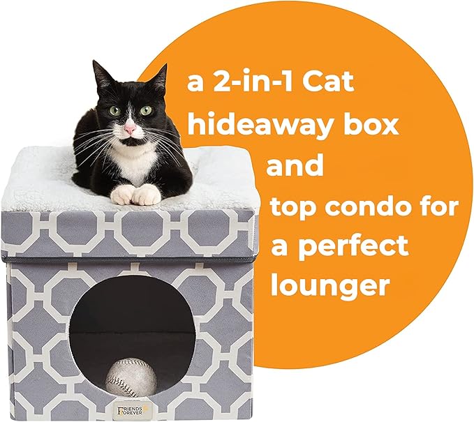 Friends Forever Taylor Upholstered Indoor Cat Bed, Collapsible Pet Cube Home, Kitten House With Sherpa Padding, Non Skid Base, Travel Friendly Foldable Ottoman Condo, Pop Up Tent Cave - Grey / Ivory