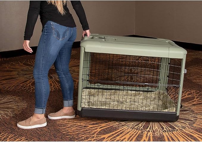 Pet Gear “The Other Door” 4 Door Steel Crate for Dogs/Cats with Garage-Style Door, Includes Plush Bed + Travel Bag, No Tools Required, Sage, 36 Inch