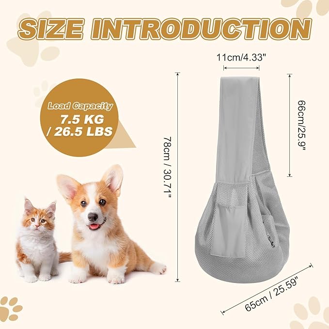 Dog Sling Carrier for Small Dogs and Cats Up to 16.5 Lbs, Breathable Thick Shoulder Strap Pet Crossbody Shoulder Bag, (Gray, 1 Pcs) Intended for Outdoor/Camp/Travel