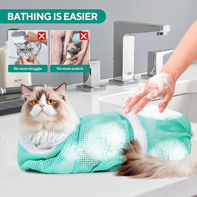 Cat Bag for Bath Adjustable Breathable Mesh Pet Restraint Bag for Bath Nail Trim Medicine and Vet Visits Escape Proof Wash Bag Green