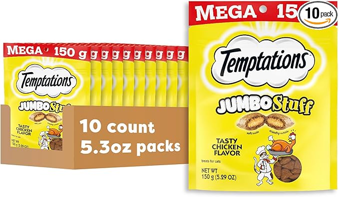 Temptations Jumbo Stuffed Cat Treats, Crunchy and Soft Cat Treats, Tasty Chicken Flavor, 5.3 oz. Pouch (Pack of 10)
