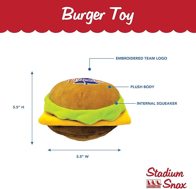 MLB Philadelphia Phillies Cheese Burger Plush Dog & CAT Squeak Toy - Cutest Stadium HAMBERGER Snack Plush Toy for Dogs & Cats with Inner Squeaker & Beautiful Baseball Team Name/Logo