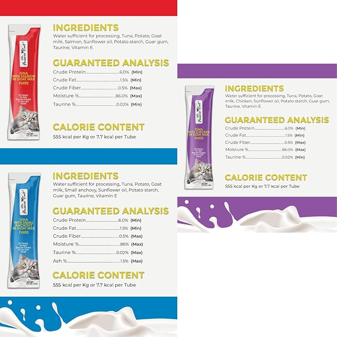 Fussie Cat Premium Puree Lickable Cat Treats in Goat Milk, Tuna Variety Flavor Pack, 3 Packs of 4-0.5oz Tubes,(12 Total Tubes) Variety Tuna Flavor Pack of 3 Flavors + Lid