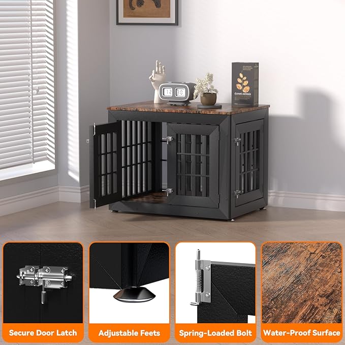 Snuowu 32" Heavy-Duty Dog Crate Furniture for Small/Medium Dogs, Rustic Wooden Dog Cage Kennel Indoor Furniture, Decorative Pet House End Table, Black & Wood