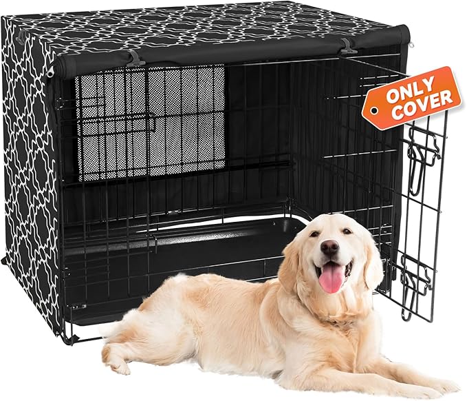 X-ZONE PET 42" Dog Crate Cover for Indoor/Outdoor - Heavy Duty Polyester Pet Kennel Cover Fits for Wire Dog Cage Black Print