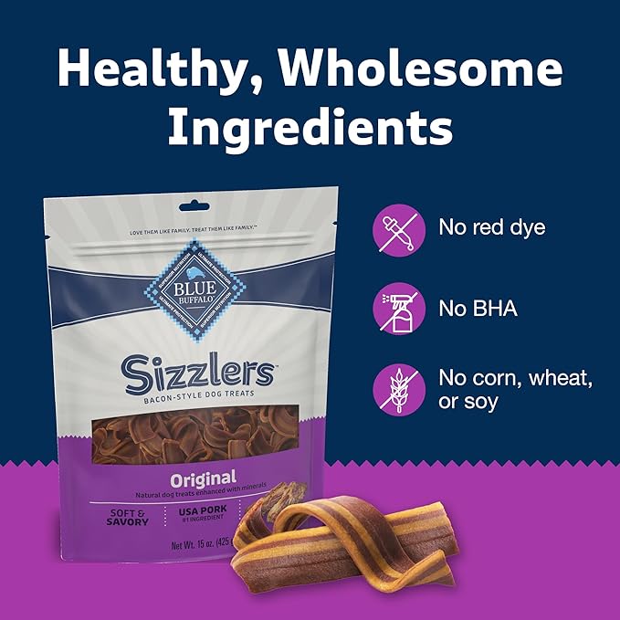 Blue Buffalo Sizzlers Bacon-Style Dog Treats with Real USA Pork, Original Flavor, 28-oz Bag (Pack of 4)