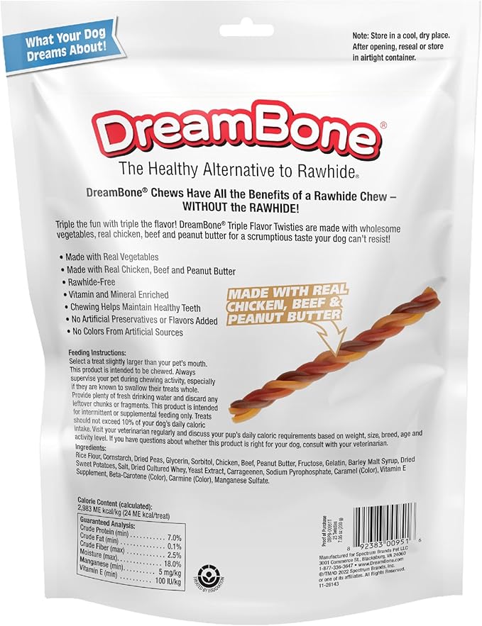 DreamBone Triple Flavor Twisties Chews for Dogs, Treat Your Dog to Rawhide-Free Chews Made with Real Chicken, Beef and Peanut Butter, 25 Count