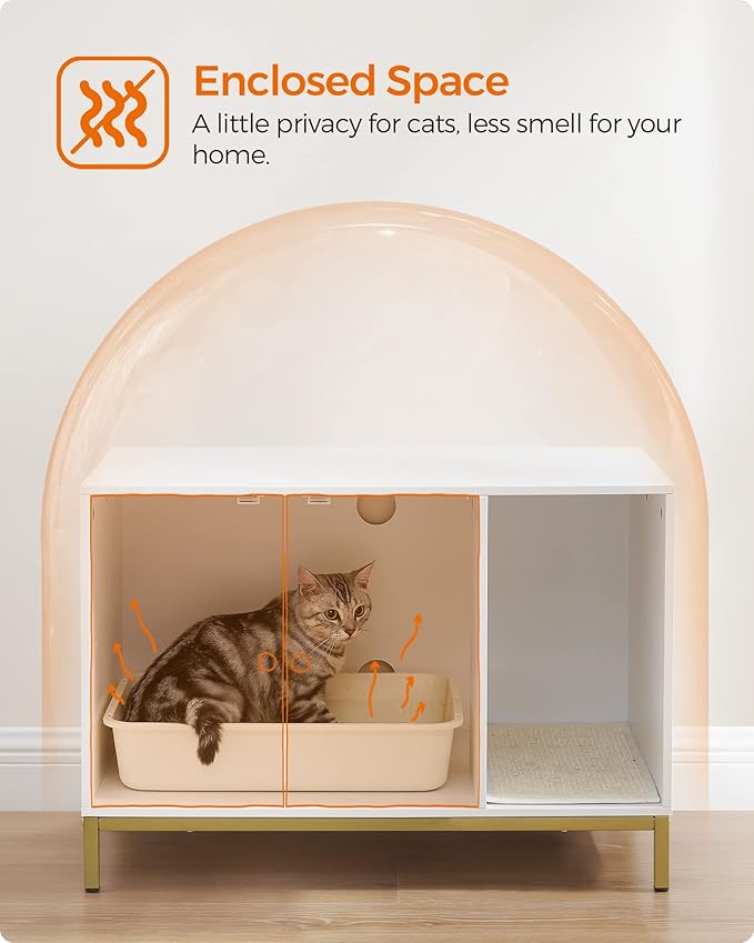 Feandrea Cat Litter Box Enclosure, Hidden Litter Box Furniture with Scratch Pad, Front Entry, Double Cabinet Doors, Modern Style, 31.5" Cat House Washroom Side End Table, White and Gold