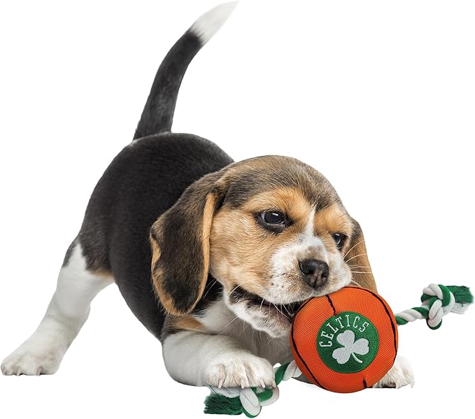 NBA BOSTON CELTICS Basketball Toy. - Tough Nylon Pet Toy with Tug Ropes & inner Squeaker