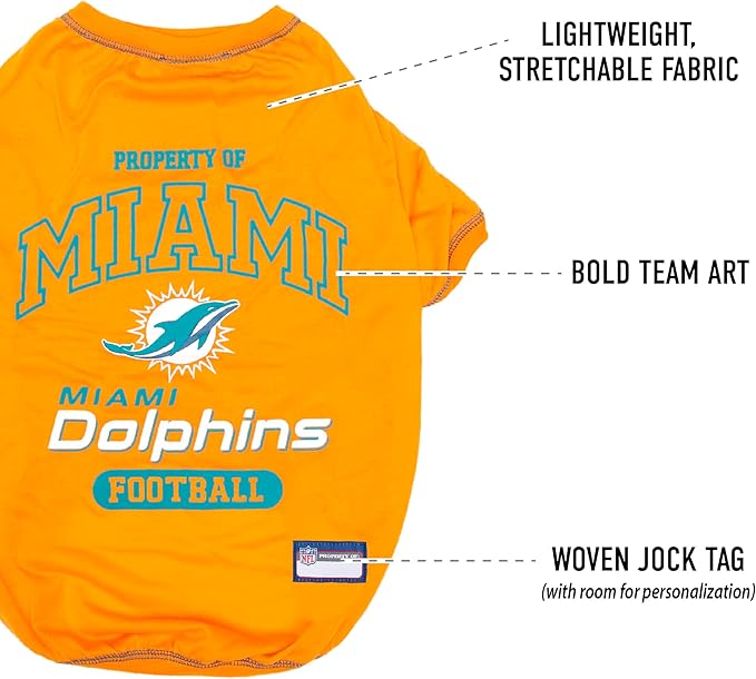 NFL Miami Dolphins Dog T-Shirt for Pets, Size Large. Officially Licensed Pet Shirt with Team Logo, Soft Stretchable Comfort Fit Apparel for Dogs & Cats