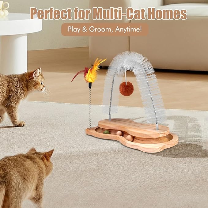 Cat Self Groomer, Cat Scratcher Grooming Brush Massager Arch for Indoor Cats Face Back Scratcher Rubbing Post Corner Brush w/ Kitten Interactive Catnip Ball Track Toy for Chasing Hunting Exercise