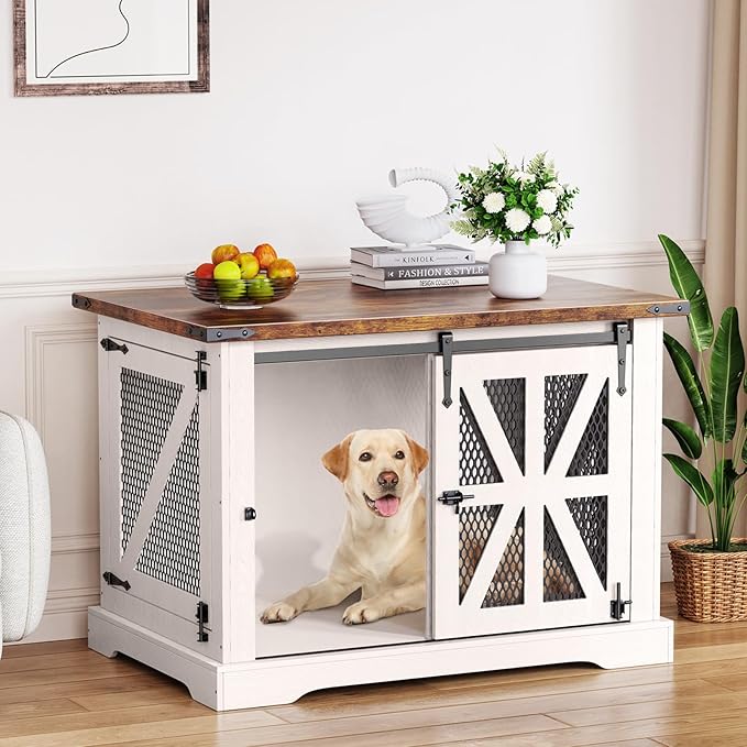 VOPEAK 40" Farmhouse Dog Crate Furniture, Heavy Duty Dog Crate for Medium Large Dogs, Wood Dog Cage Dog Kennel Indoor with Double Doors, Chew Resistant End Table for Bedroom Living Room, White