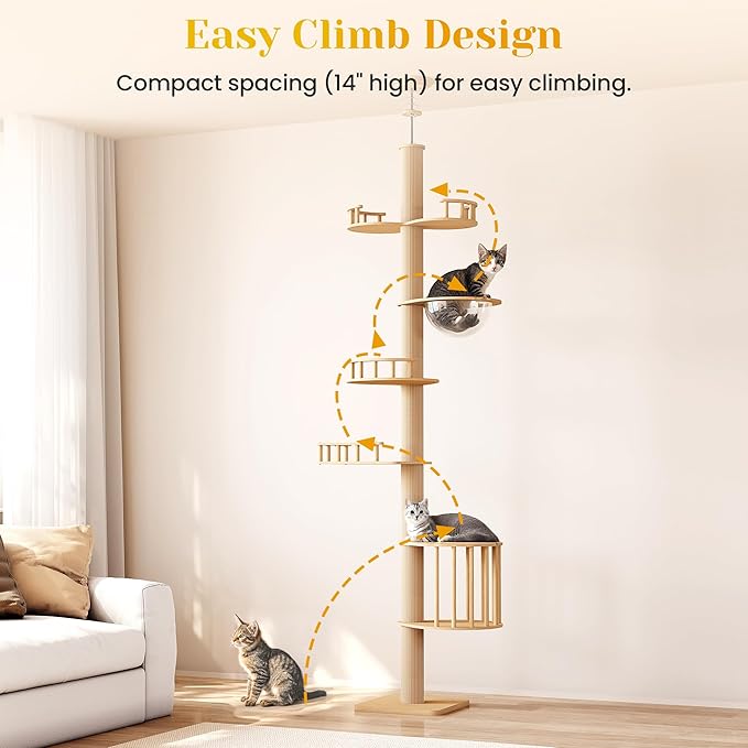 Fansafurn Floor-to-Ceiling Adjustable Cat Tree Tower with Acrylic Capsule, Space-Efficient Multi-Level Structure, Sisal-Wrapped Scratching Posts, Ideal for Kittens and Large Cats, Stable and Modern