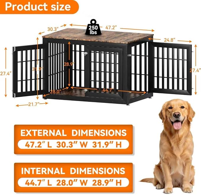 Snuowu 48" Heavy-Duty Dog Crate Furniture for Large Dogs, XXL Wooden Dog Cage Kennel Indoor Furniture, Decorative Pet House End Table, Black & Wood