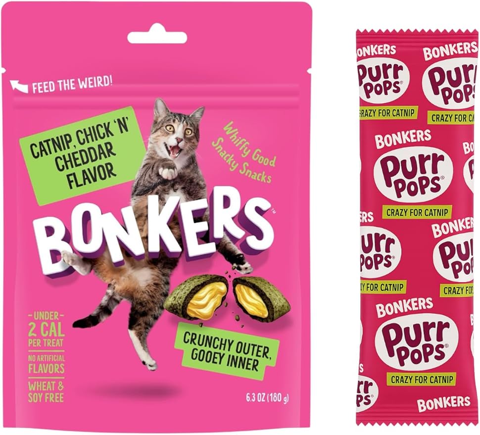 Bonkers Cat Treats, Catnip Chicken & Cheddar Flavor, Crunchy & Gooey, 6.3 oz with Catnip Purr Pop Sample