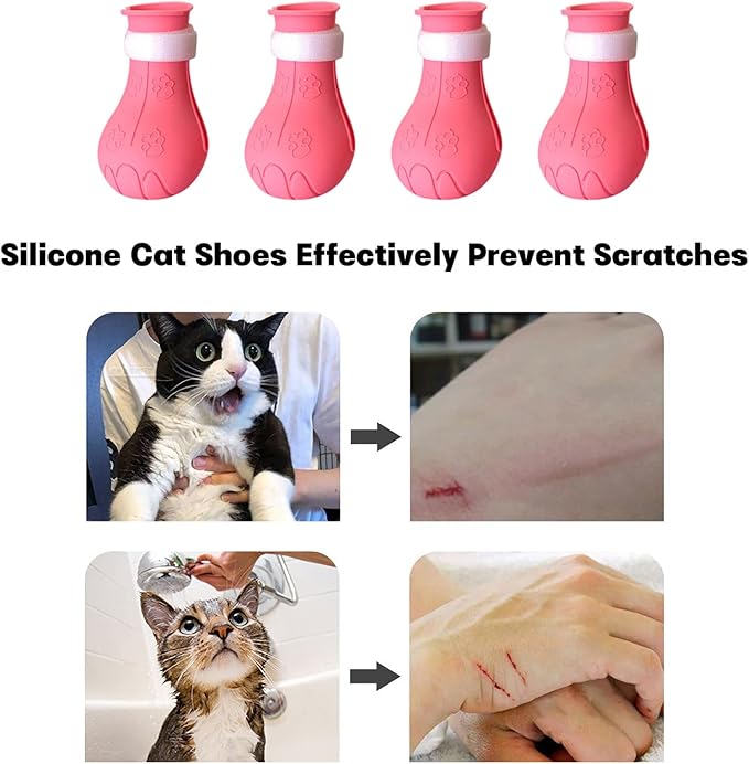 Cat Claw Covers - Anti-Scratch Cat Boots, Adjustable Silicone Paw Protectors for Grooming & Bathing, Soft & Comfortable (Pink)