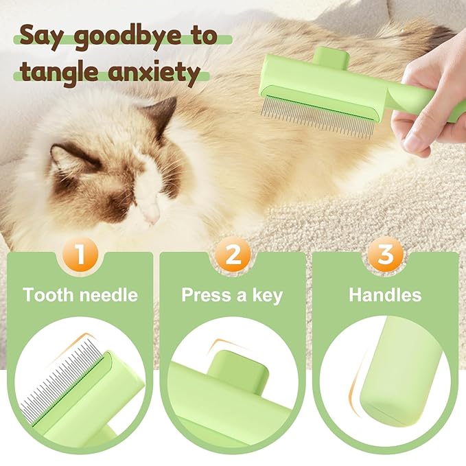 Pet Hair Removal Comb Flea Comb, 2025 Upgrade Cat Grooming Brush, Cat Brush with Release Button, De-Shedding Hair, Dog Grooming Supplies, Fine-Tooth Massage (White)