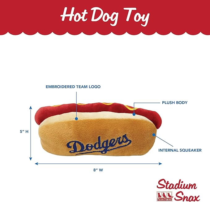 MLB Los Angeles Dodgers Plush Dog Toys - Stadium Theme Snacks - Cutest Plush HOT-Dog Toy for Dogs & Cats with Inner Squeaker & Premium Embroidery of Baseball Team Name/Logo