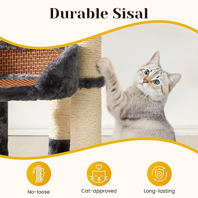 Multi-Level Cat Tree for Indoor Adult Cats, Modern Cat Tower with Double Beds & Scratching Posts, Cute Cat Tree Tower for Large Cats and Kitten, Small Cat Tree Tower with Hanging Toys, Grey