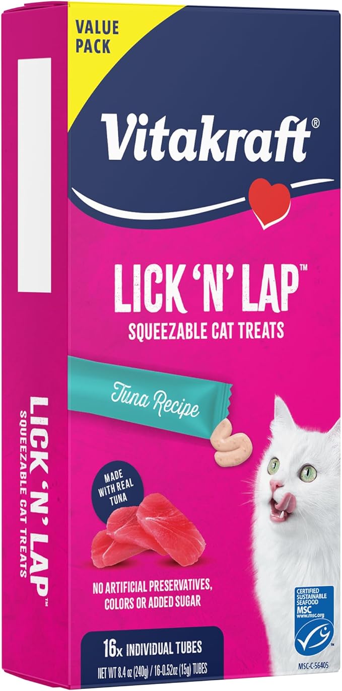 Vitakraft Lick ‘N’ Lap Real Tuna Squeezeable Liquid Cat Treats, Lickable, Broth #1 Ingredient, No Artificial Colors, Preservatives or Added Sugar, for Hydration, 0.52 oz. Tubes, 16 Count