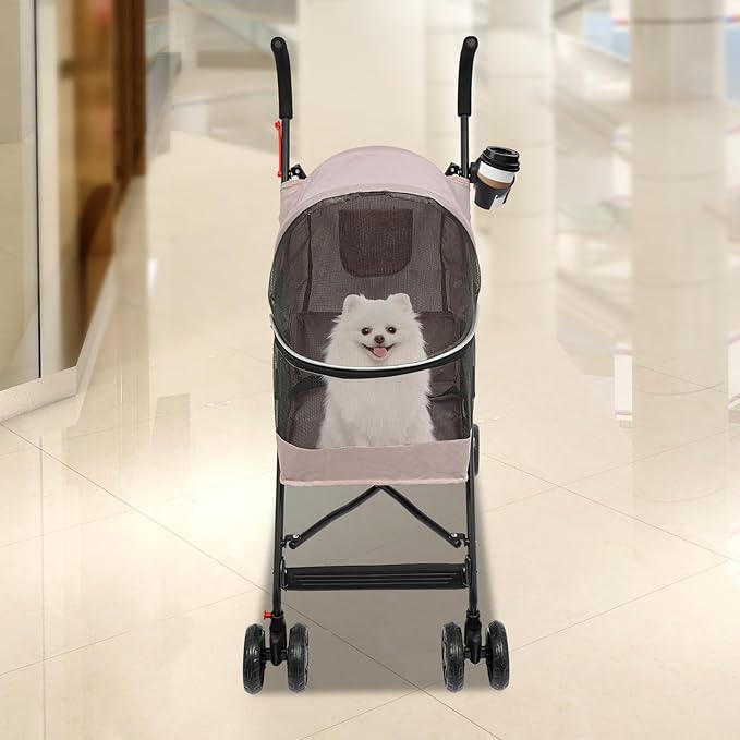 4-Wheel Pet Travel Stroller, Foldable & Lightweight Dog Cat Cage Jogger Stroller, Breathable and Visible Mesh for Small & Medium Dogs & Cats (Up to 22lbs) (Pink)
