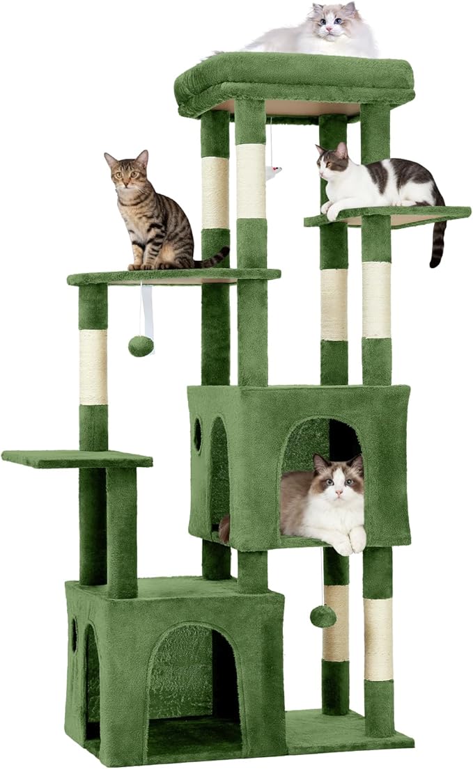 GarveeLife 61" Multi-Level Cat Tree for Indoor Cats, Heavy-Duty Tower for Large Adult & Maine Coon Cats with Oversized Perch, Dual Condos, Natural Sisal Scratching Posts & Play Toys – Green