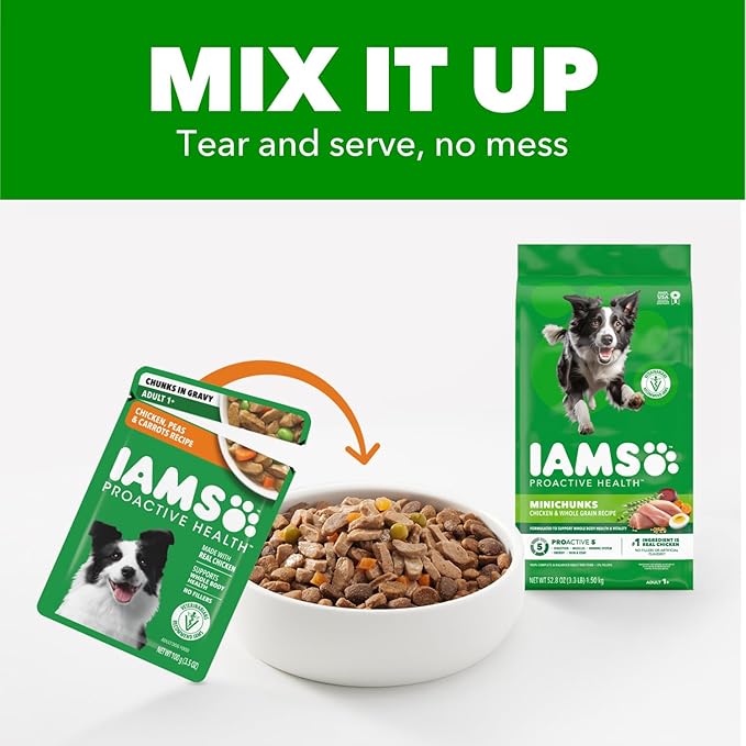IAMS Proactive Health Adult Wet Dog Food, Chicken, Peas and Carrots Recipe, 3.5 oz. Pouch (16 Count, Pack of 1)