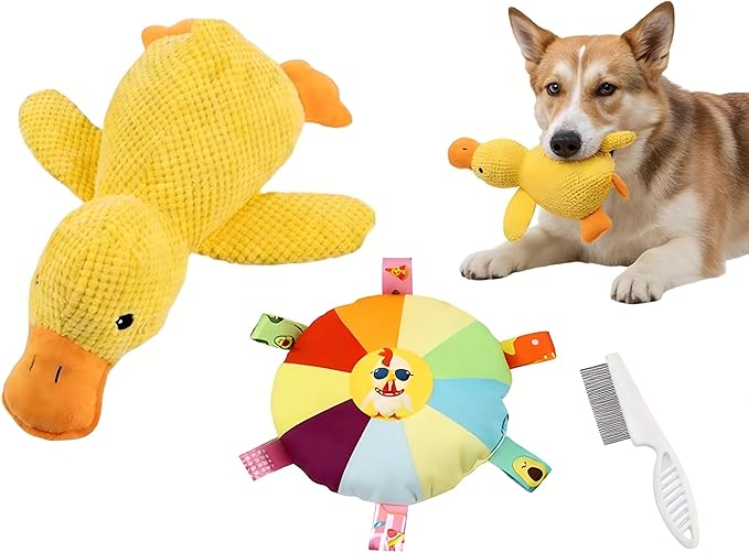 Squeaky Yellow Duck Dog Toy, Indestructible Plush Chew Toy for Small Medium Large Dogs, Durable Floppy Duck Toy to Reduce Anxiety & Destructive Behavior
