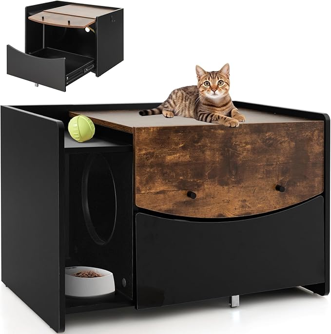 Giantex Cat Litter Box Enclosure - Hidden Cat Washroom Furniture with Rolling Pull-Out Drawer, Flip-up Door, Front Entry, Air Vents, Hanging Hook, Wooden Pet Crate Cat House Storage Cabinet