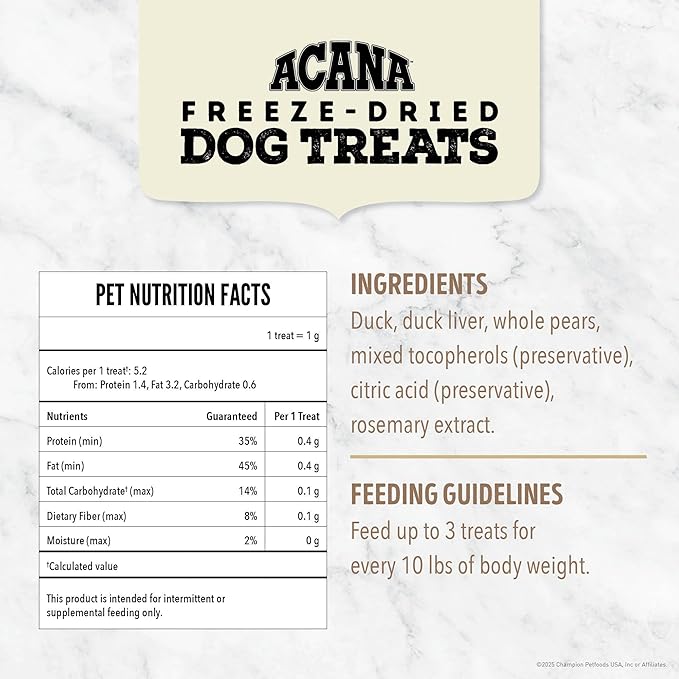 ACANA Singles Grain Free Dog Treats Limited Ingredients & Freeze-Dried Duck & Pear 1.25 Bag