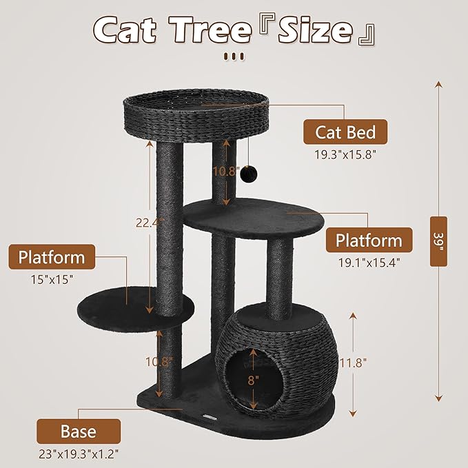 KAMABOKO Modern Cat Tree, 38" Tall Cat Trees for Indoor Cats w/Natural Sisal Scratching Posts, Hand-Woven Condo & Top Perch, Cat-Tree for Kittens Climb Play & Rest