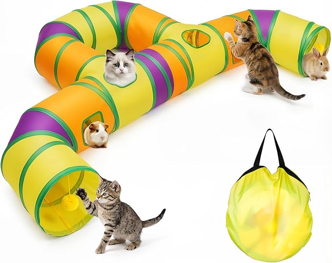 Cat Tunnel for Indoor Cats Large, Collapsible Cat Playhouse Pet Play Tunnel Tube Maze with Hanging Pom-Poms and Interactive Holes for Kitten, Kitty, Puppy, Rabbits, Ferret, Guinea Pig