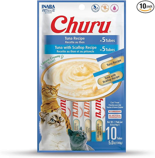 INABA Churu Cat Treats, Lickable, Squeezable Creamy Purée Cat Treat with Green Tea Extract & Taurine, 0.5 Ounces Each Tube, 10 Tubes, Tuna Variety