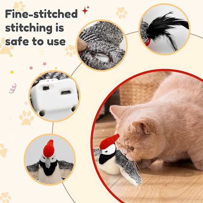 2026 New Chase Cat Toy, Rechargeable Interactive Chirping Bird Cat Toy, Chirping Bird Cat Toy Flapping Wings, Flying Interactive Simulation Electric Cat Toy (Beige)