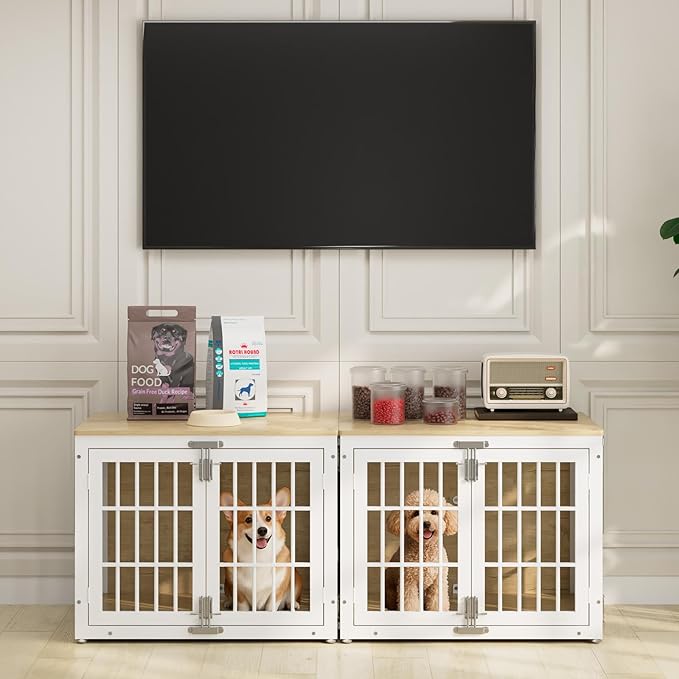 33" Heavy Duty Dog Crate Furniture, Wooden Dog Cage Kennel for Lrage and Extra Large Dogs, Dog Kennel Indoor with Side Door, Decorative Pet House End Table, White and Natural