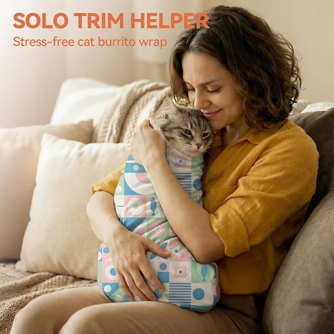 BFNN Cat Grooming Wrap for Cutting Nails, 21.6" Anti-Escape Calming Cat Swaddle Wrap for Medicine, Nail Clipping, Teeth Brushing, Ear Cleaning, Self-Adherent Burrito Restraint, (Geometric Fish, M)